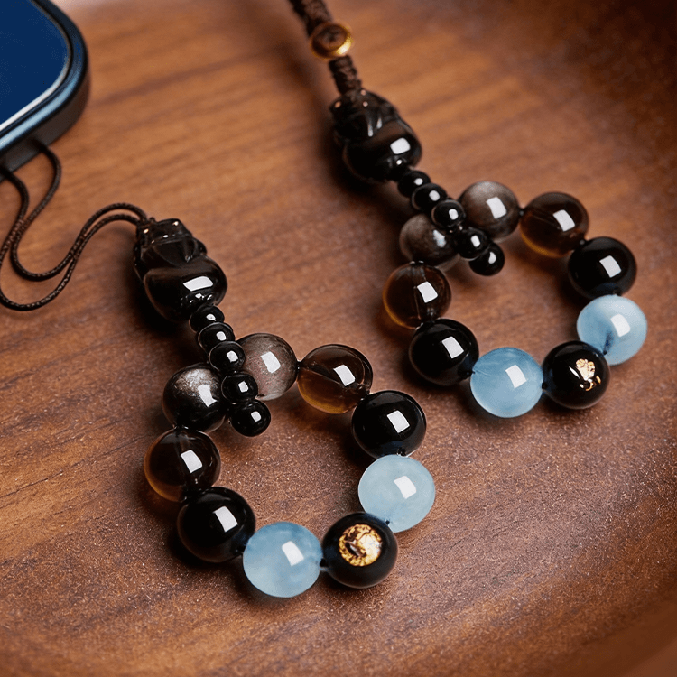 【吞财利器|补水财物】天然黑曜石 茶水晶 海蓝宝 钥匙扣 男女 貔貅手工编织 手机链 饰品