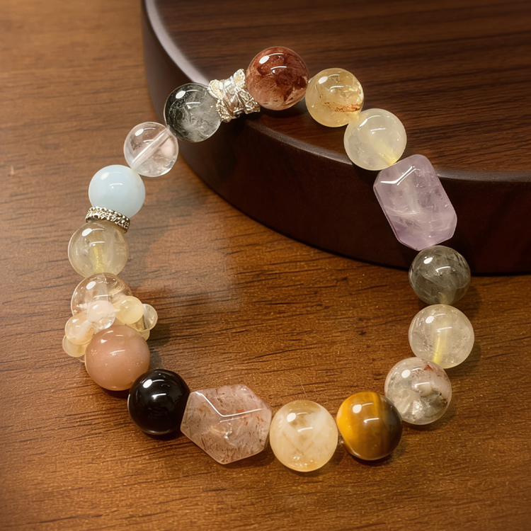 天然多彩水晶黑金超原石手链 综合能量保护 彩虹多宝 百搭款【手工串珠有色差，敬请谅解】【含师傅祈福，发货周期7-20天】