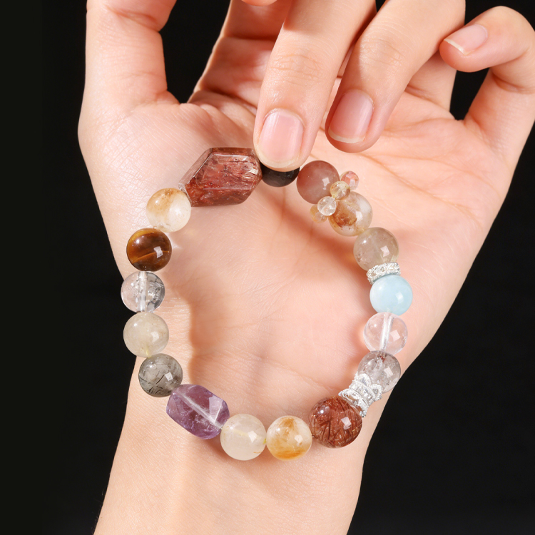 天然多彩水晶黑金超原石手链 综合能量保护 彩虹多宝 百搭款【手工串珠有色差，敬请谅解】【含师傅祈福，发货周期7-20天】